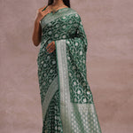 Green Banarasi Silk Saree With Silver Zari Border