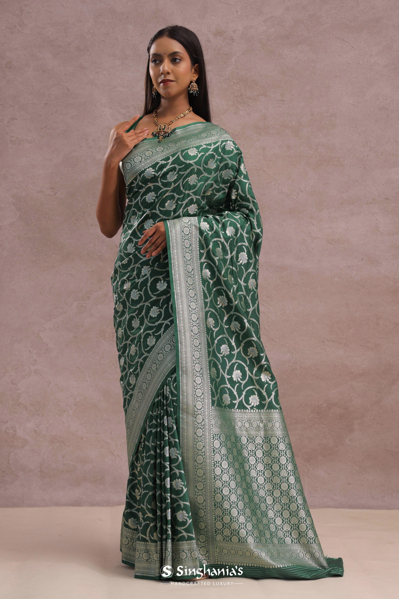 Green Banarasi Silk Saree With Silver Zari Border