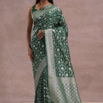 Green Banarasi Silk Saree With Silver Zari Border
