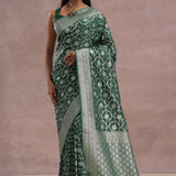 Green Banarasi Silk Saree With Silver Zari Border