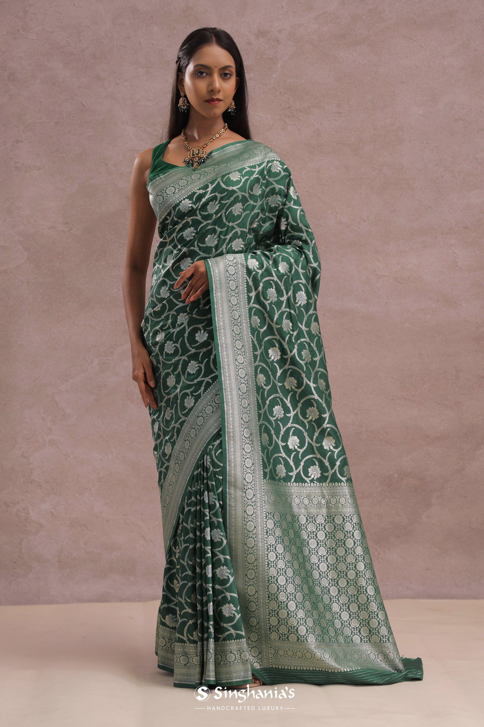Green Banarasi Silk Saree With Silver Zari Border