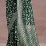 Green Banarasi Silk Saree With Silver Zari Border