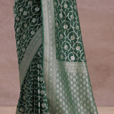 Green Banarasi Silk Saree With Silver Zari Border