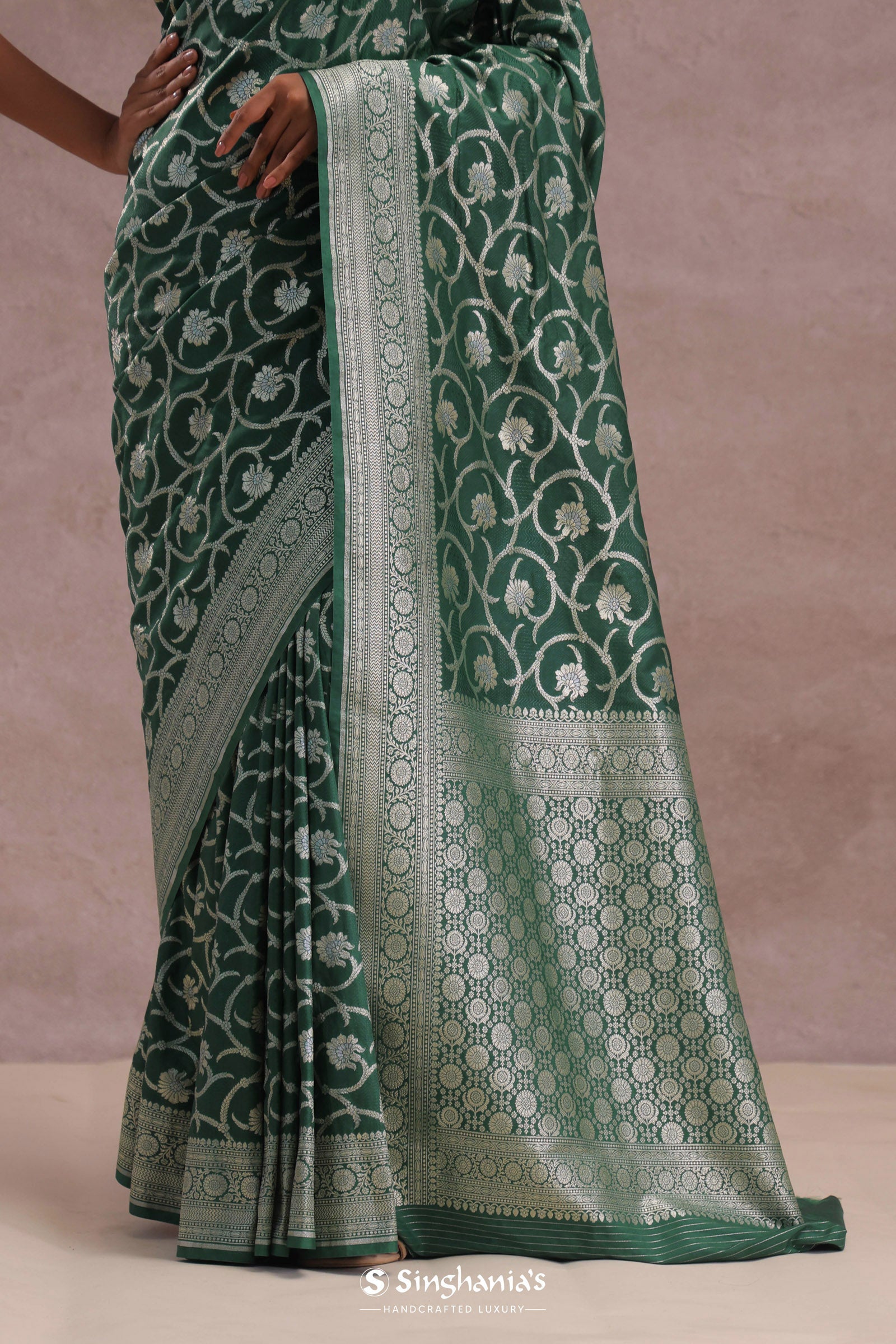 Green Banarasi Silk Saree With Silver Zari Border