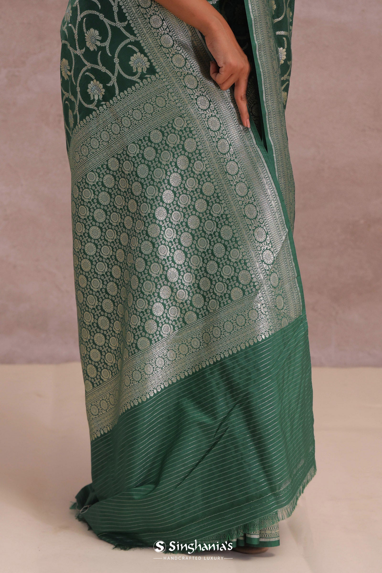 Green Banarasi Silk Saree With Silver Zari Border