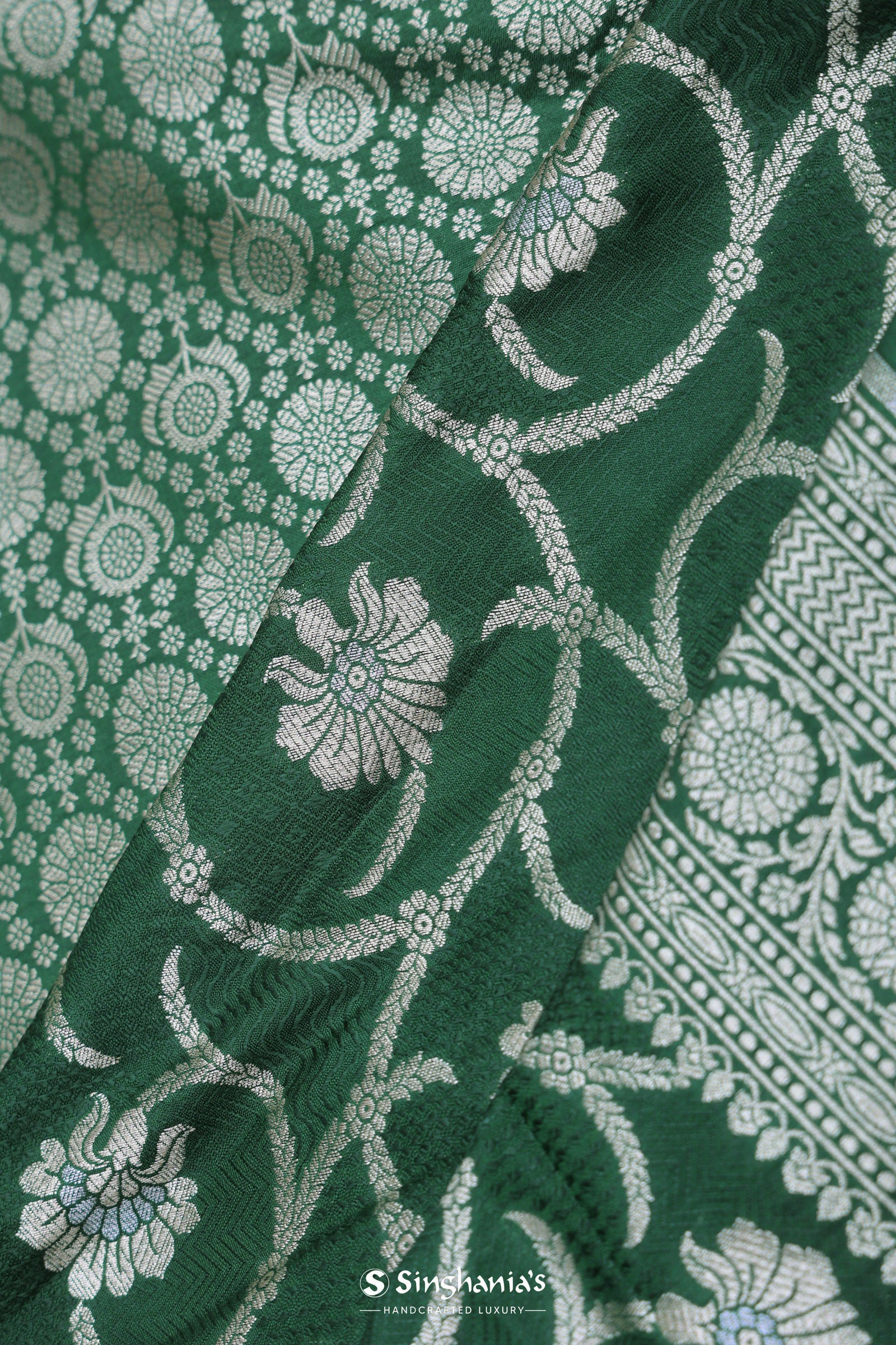 Green Banarasi Silk Saree With Silver Zari Border
