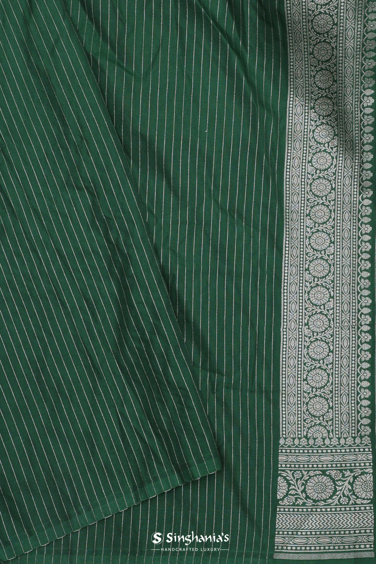 Green Banarasi Silk Saree With Silver Zari Border