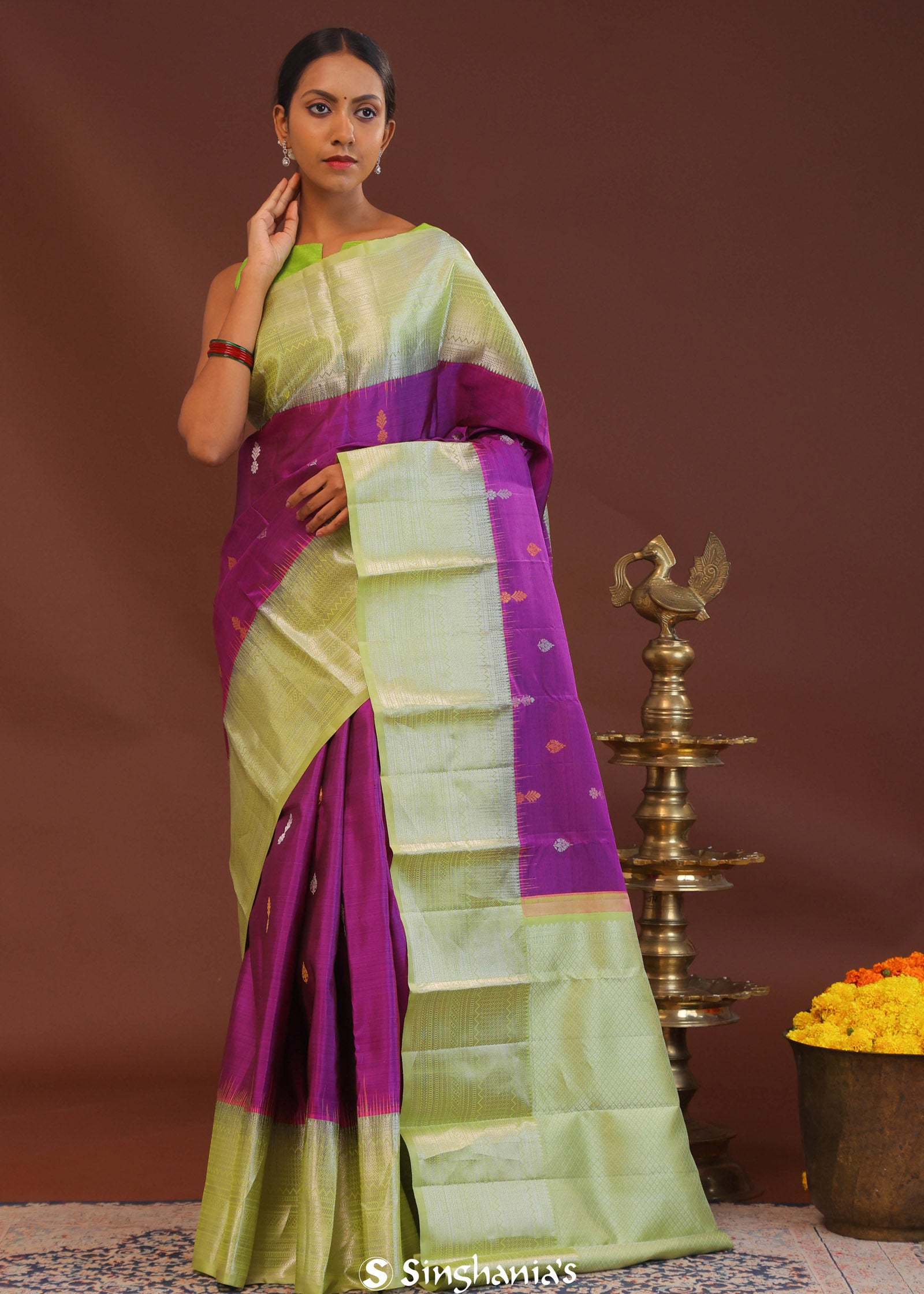 Purple Kanjivaram Saree With Light Olive Green Border