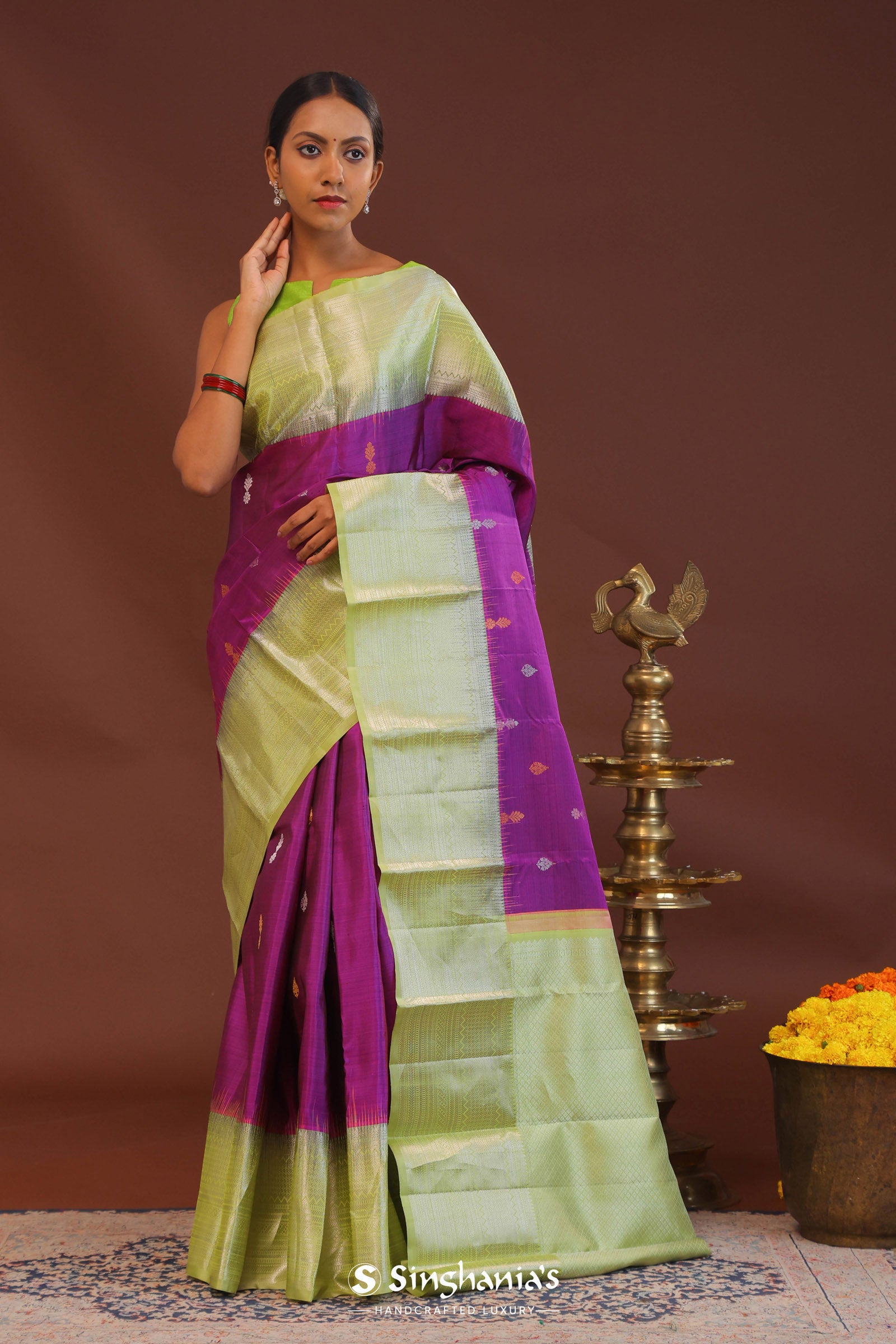 Purple Kanjivaram Saree With Light Olive Green Border
