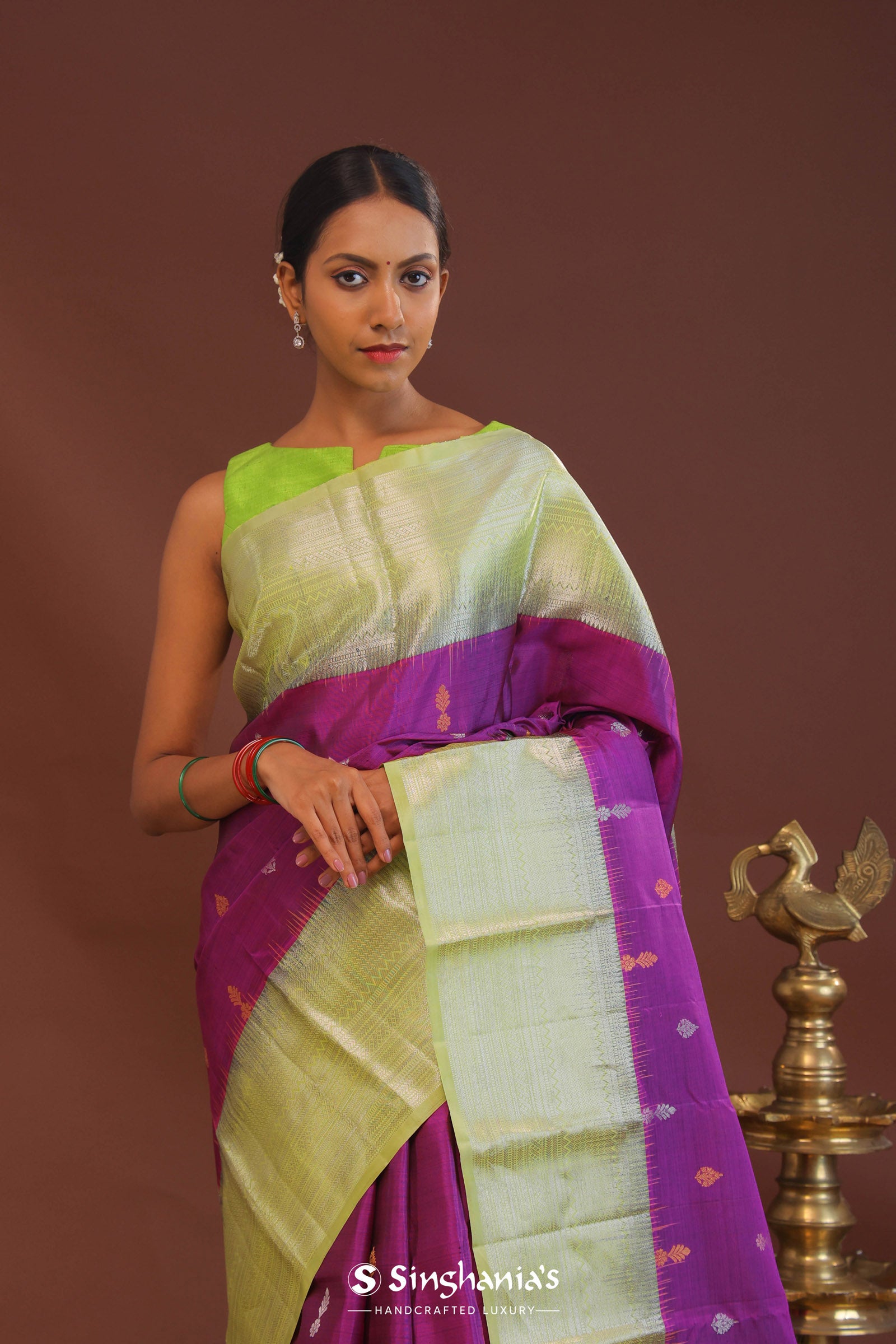 Purple Kanjivaram Saree With Light Olive Green Border