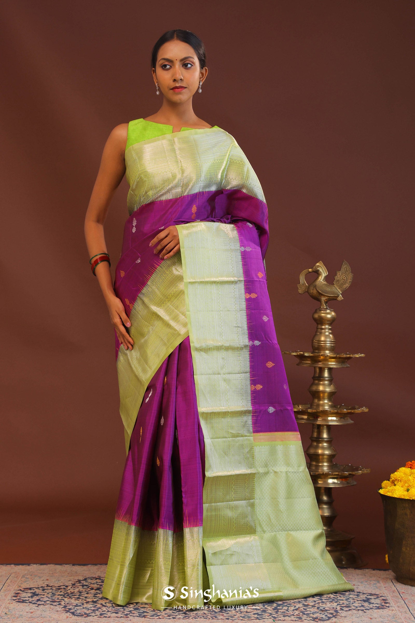 Purple Kanjivaram Saree With Light Olive Green Border
