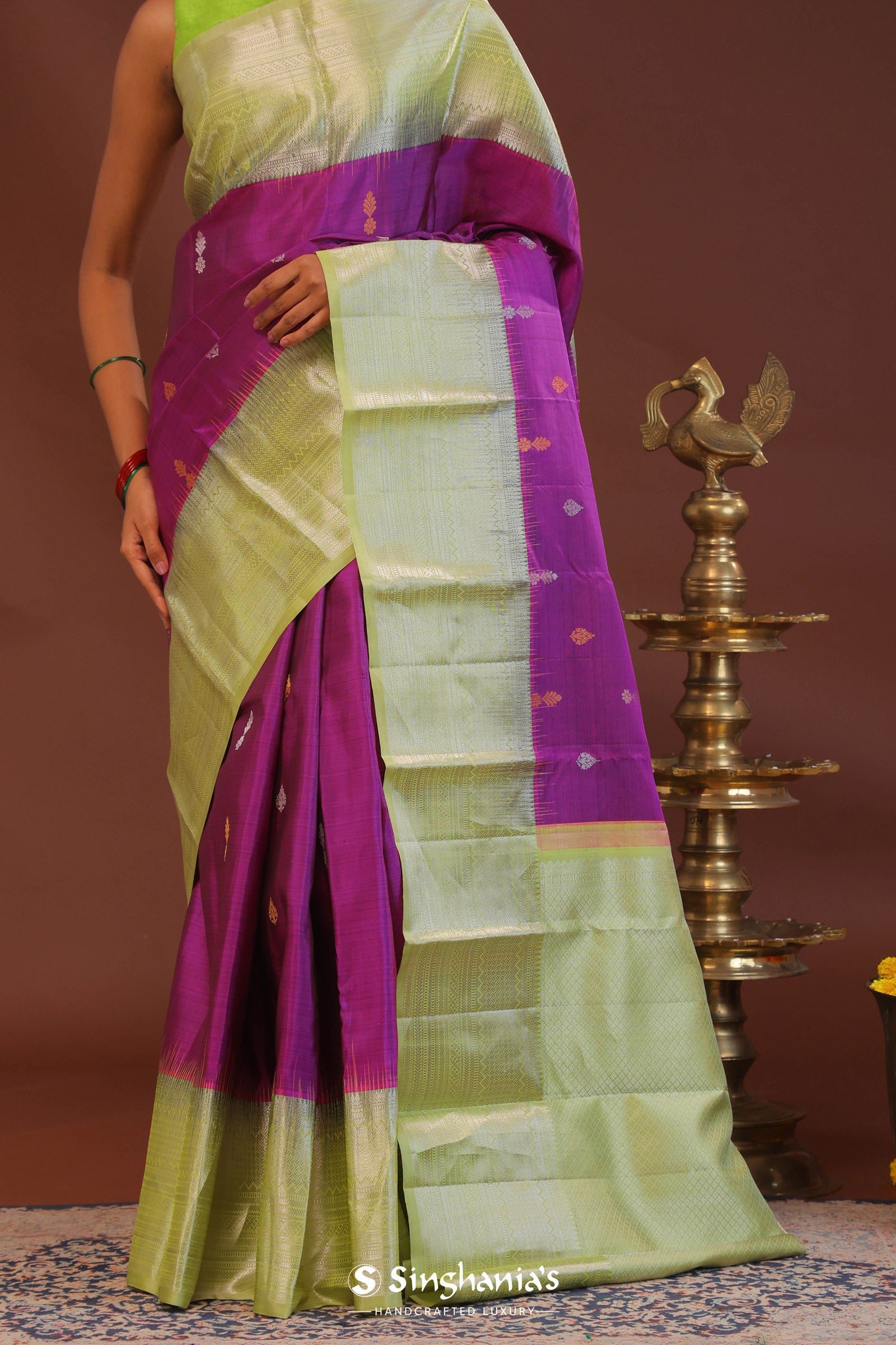 Purple Kanjivaram Saree With Light Olive Green Border