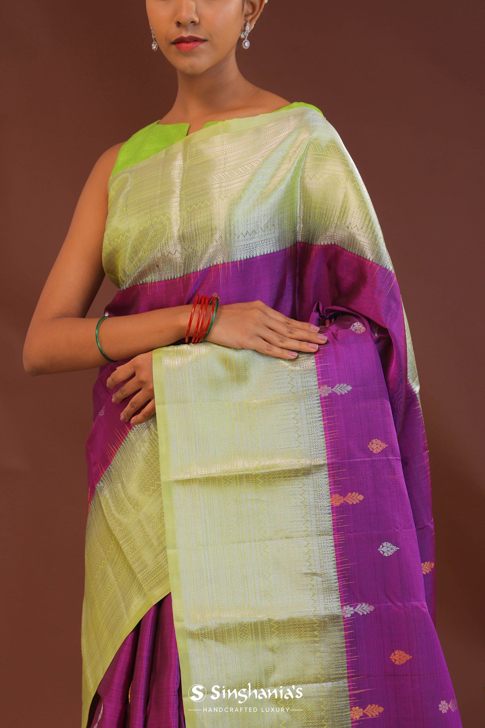 Purple Kanjivaram Saree With Light Olive Green Border