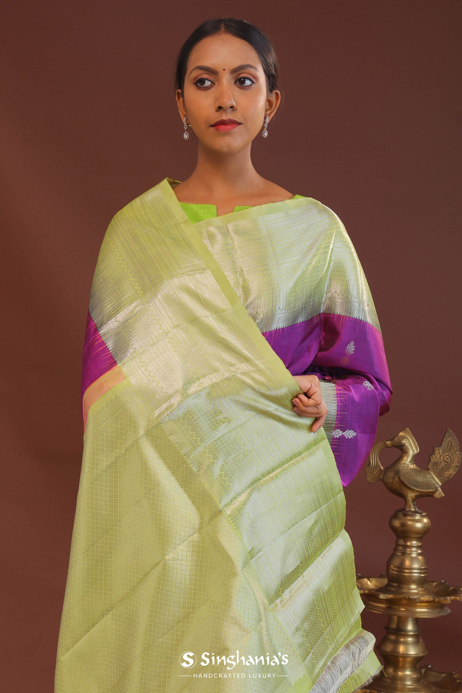 Purple Kanjivaram Saree With Light Olive Green Border