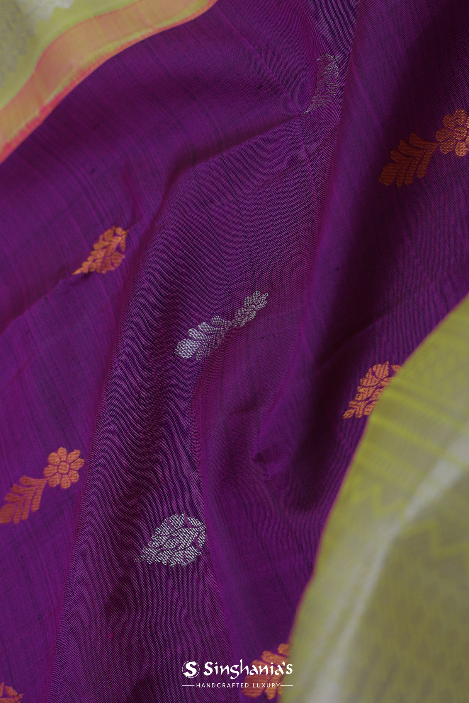Purple Kanjivaram Saree With Light Olive Green Border