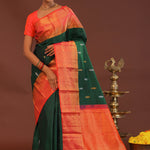 Dark Green Kanjivaram Saree With Orange Contrast Border