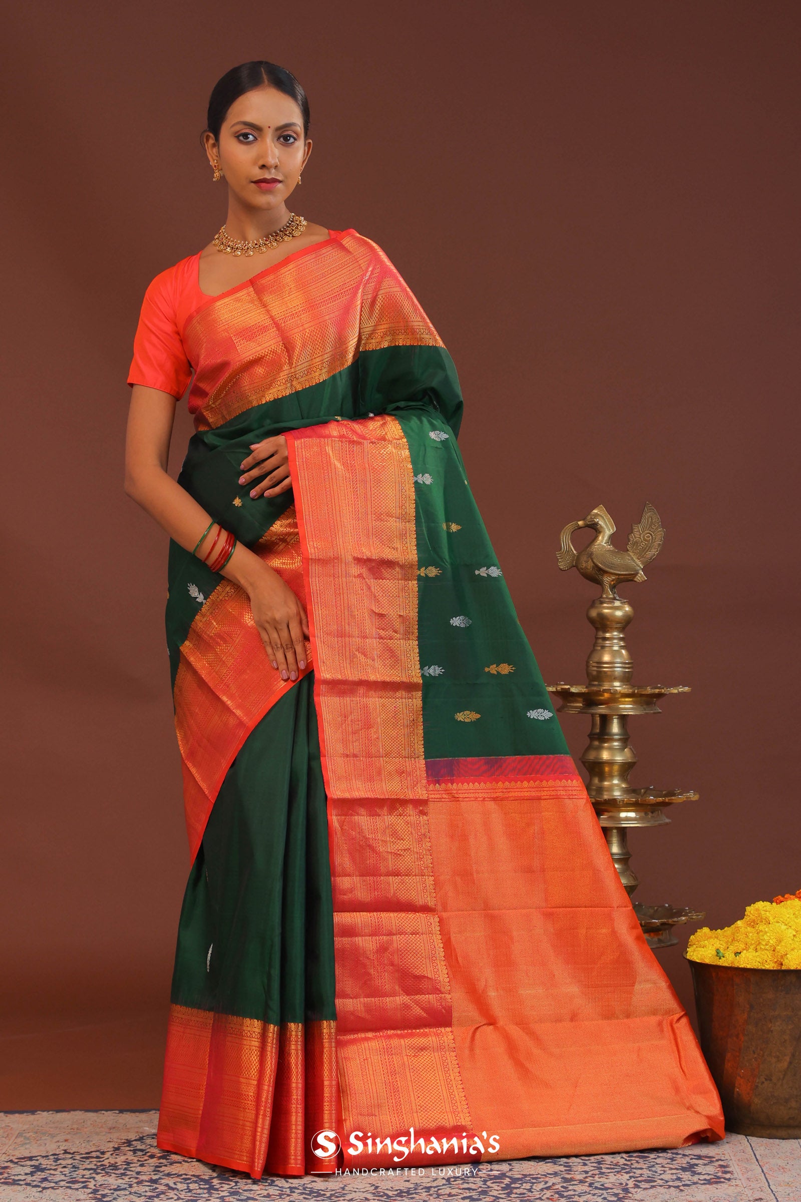 Dark Green Kanjivaram Saree With Orange Contrast Border