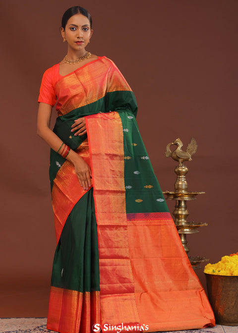 Dark Green Kanjivaram Saree With Orange Contrast Border