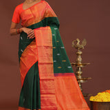 Dark Green Kanjivaram Saree With Orange Contrast Border