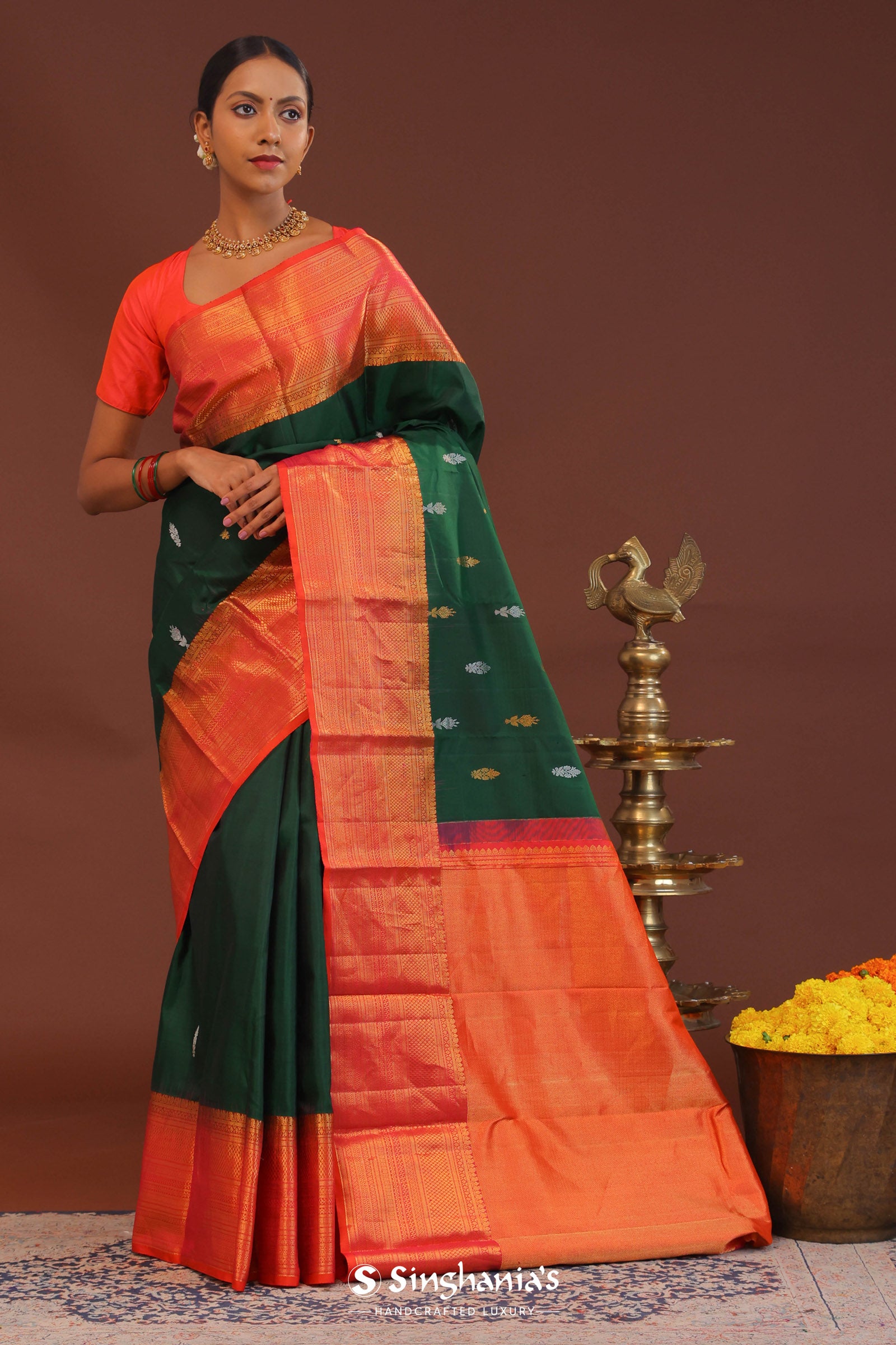 Dark Green Kanjivaram Saree With Orange Contrast Border