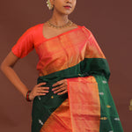 Dark Green Kanjivaram Saree With Orange Contrast Border