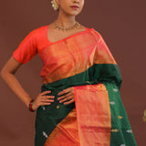Dark Green Kanjivaram Saree With Orange Contrast Border