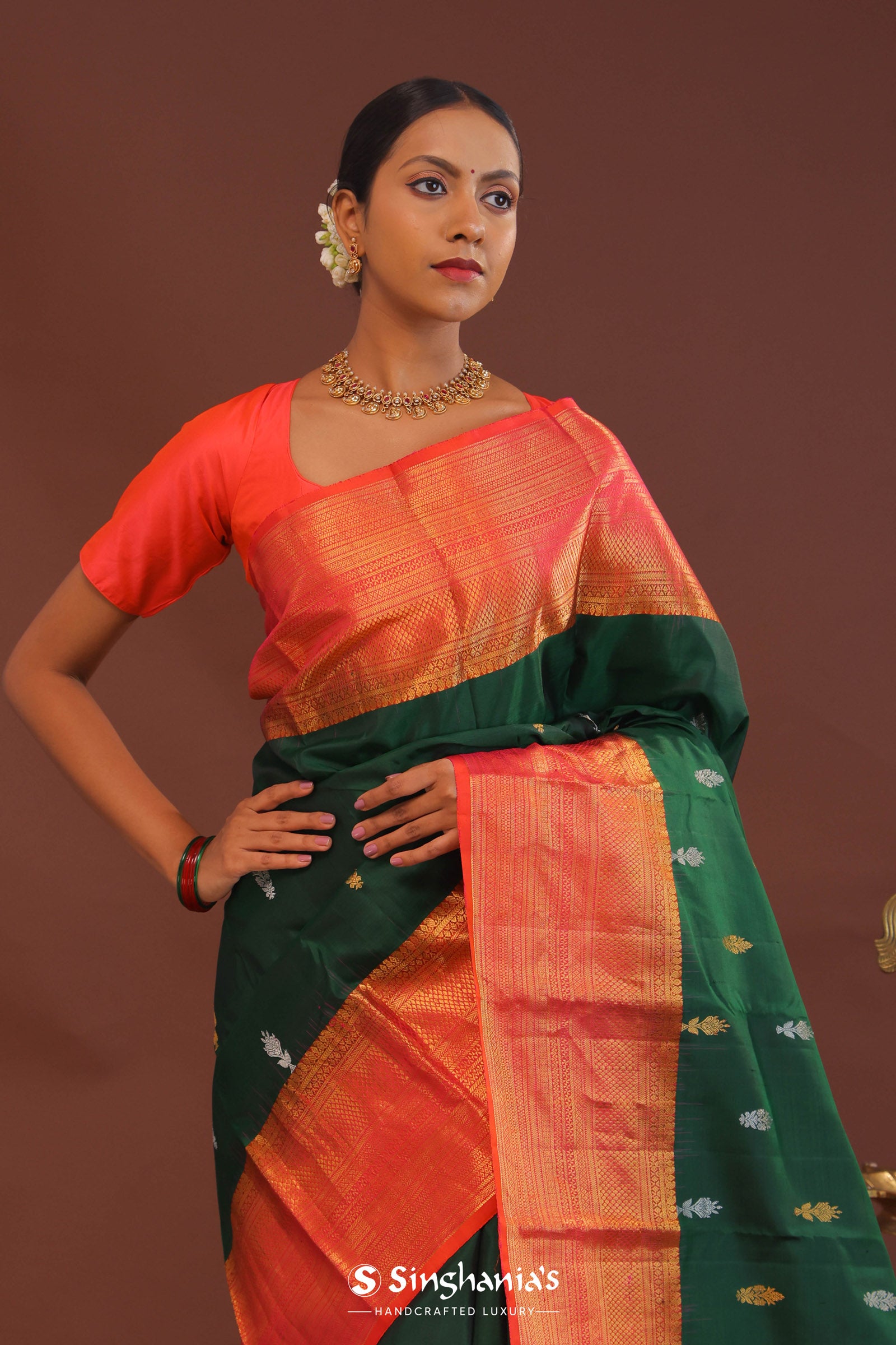 Dark Green Kanjivaram Saree With Orange Contrast Border