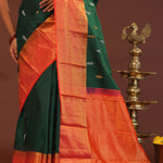 Dark Green Kanjivaram Saree With Orange Contrast Border