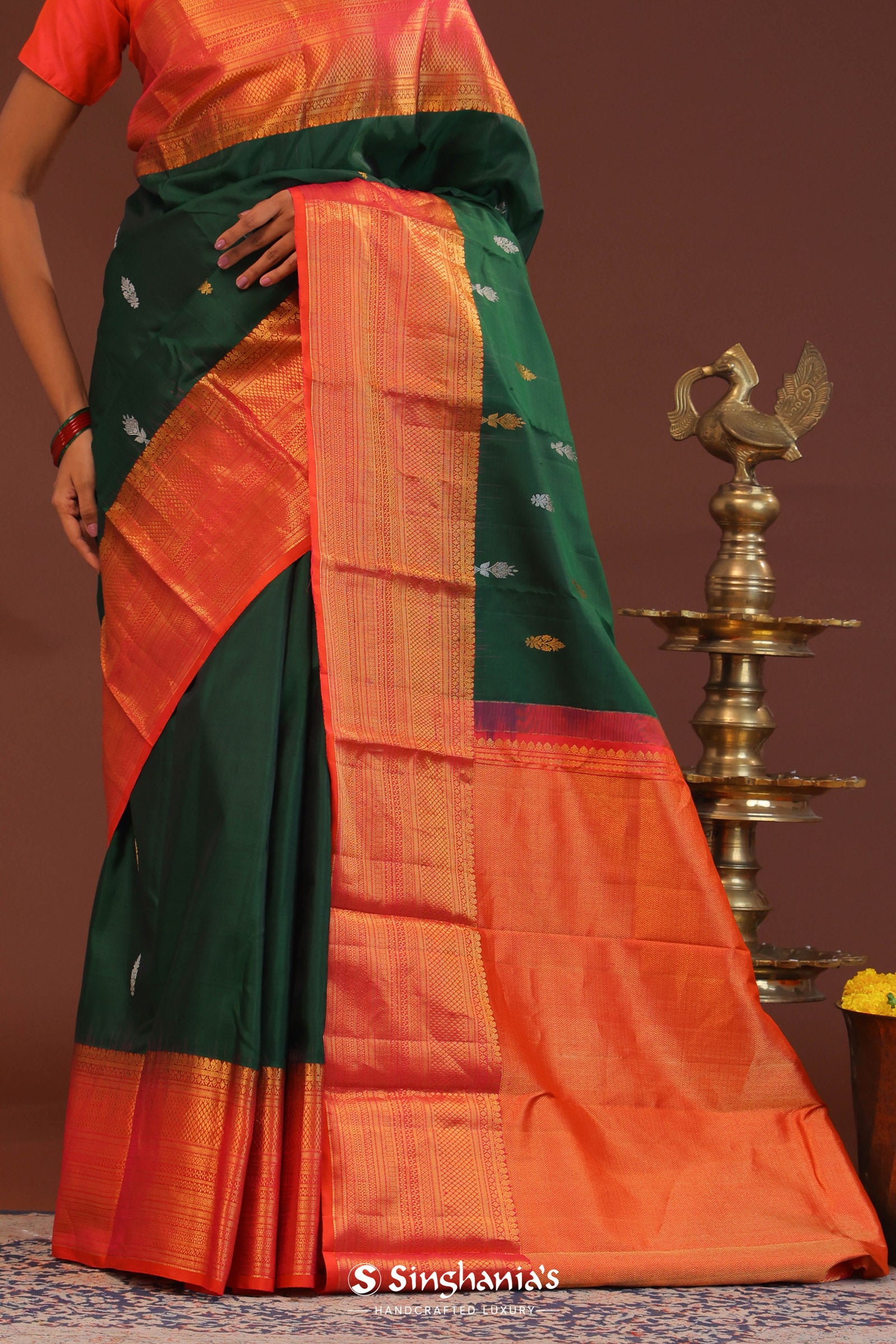 Dark Green Kanjivaram Saree With Orange Contrast Border