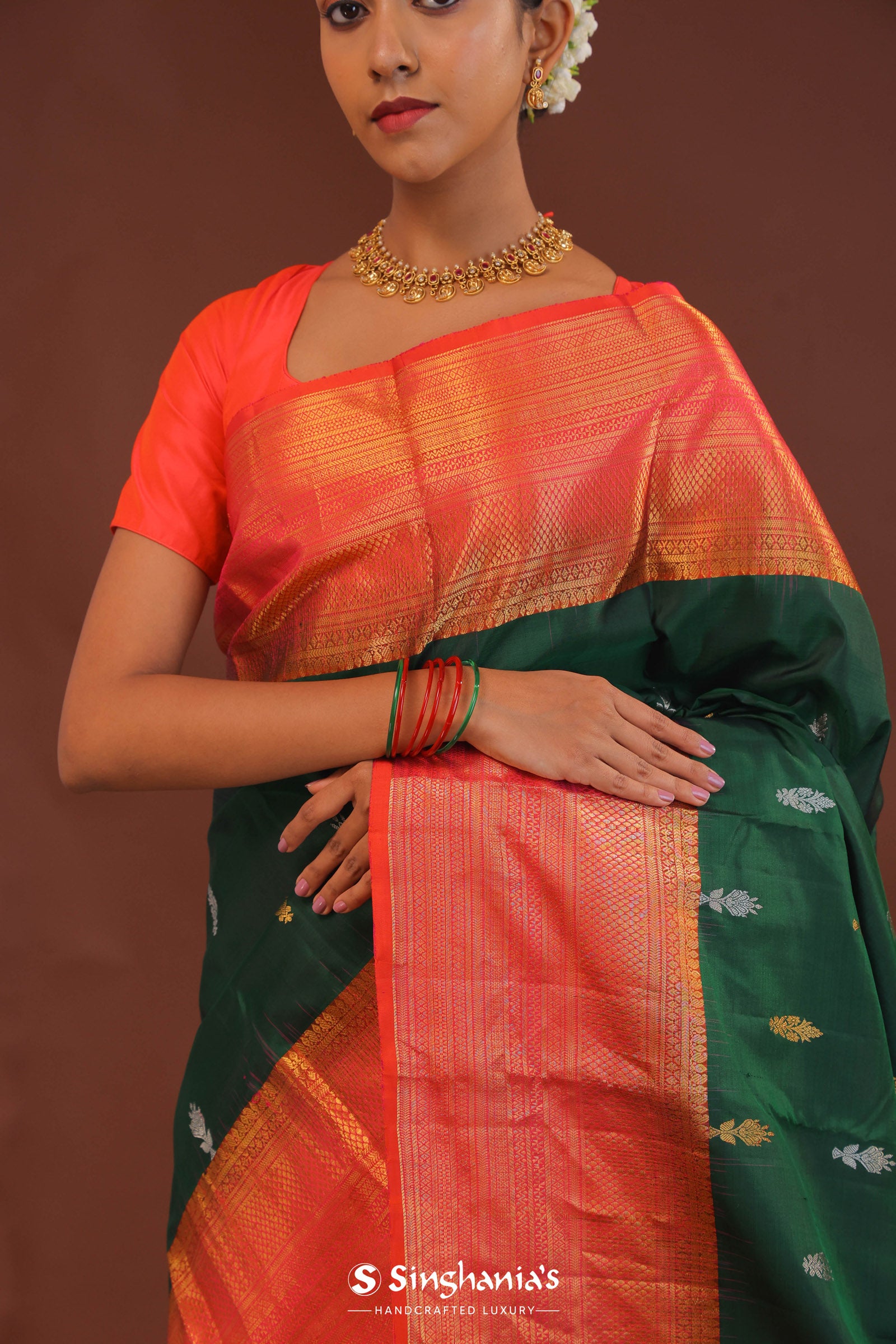 Dark Green Kanjivaram Saree With Orange Contrast Border