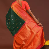 Dark Green Kanjivaram Saree With Orange Contrast Border