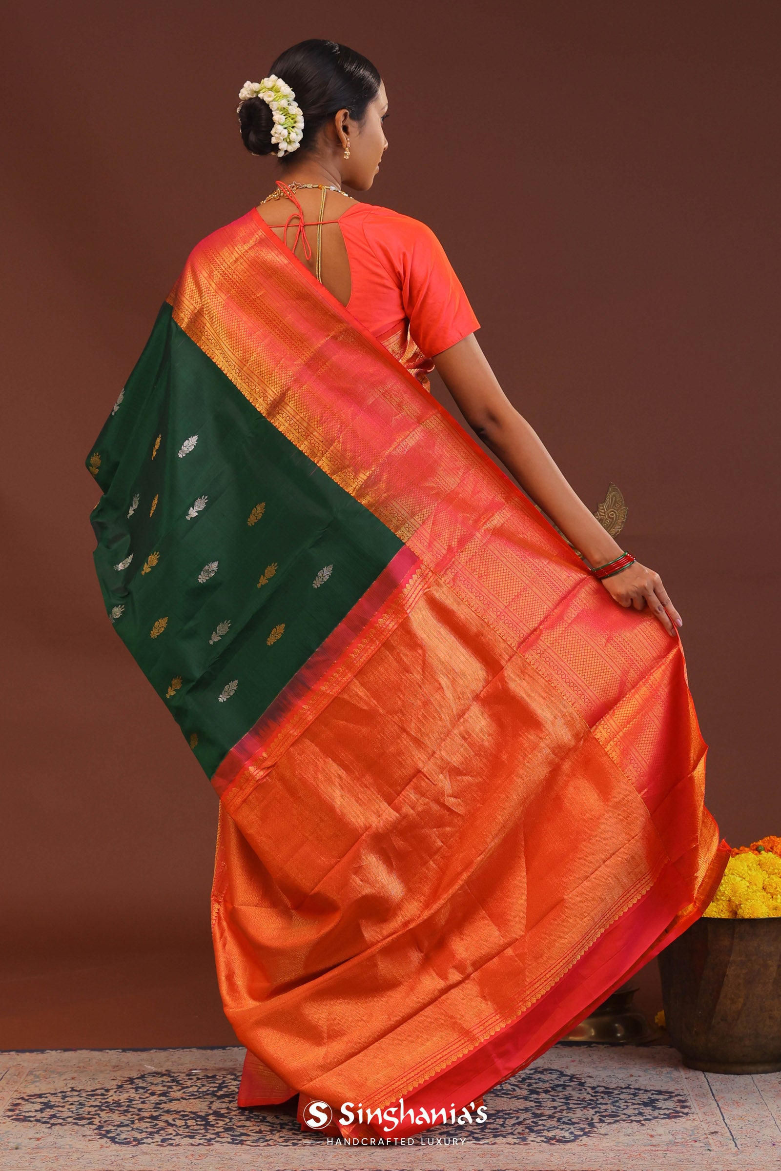 Dark Green Kanjivaram Saree With Orange Contrast Border