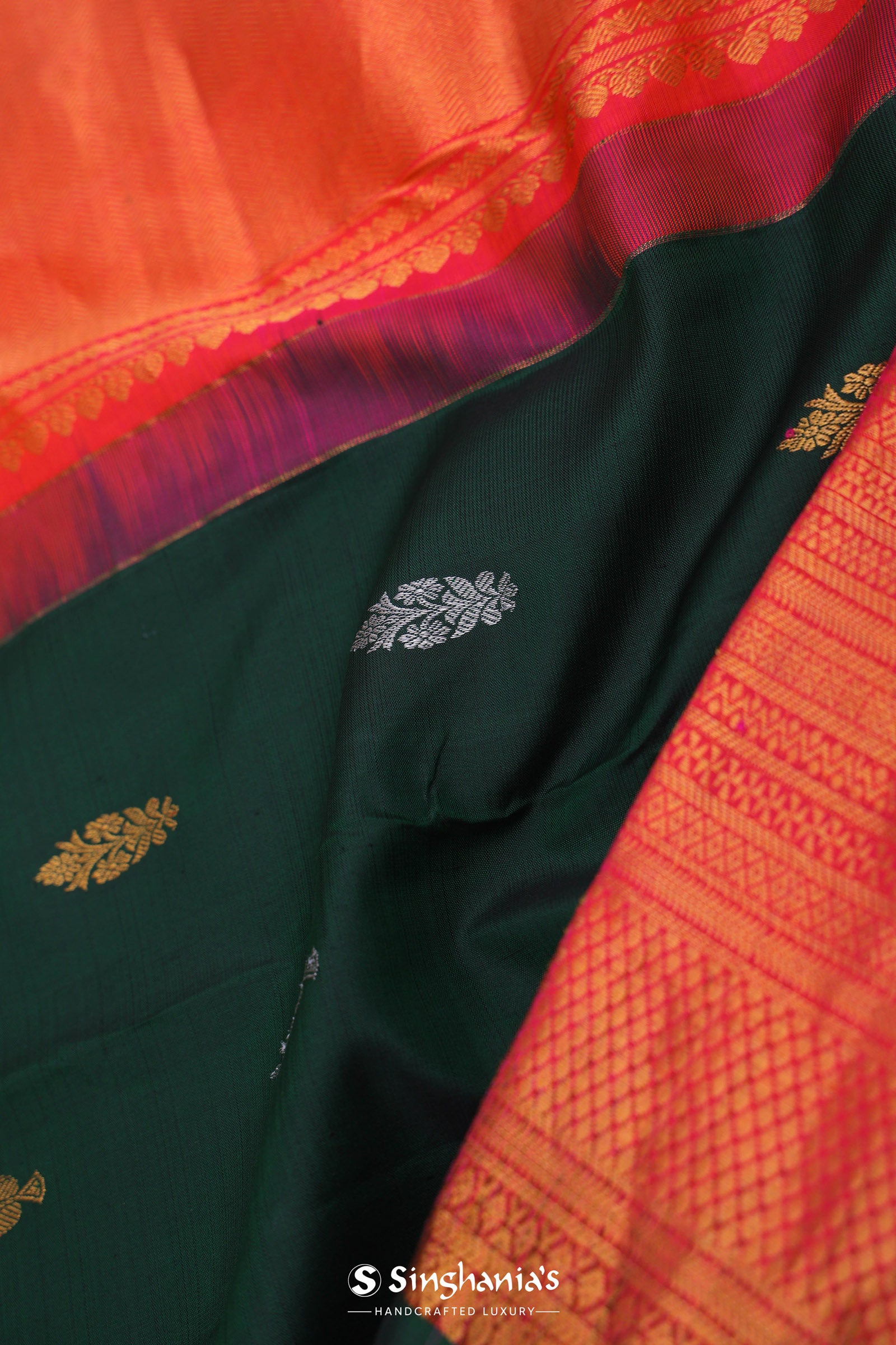 Dark Green Kanjivaram Saree With Orange Contrast Border