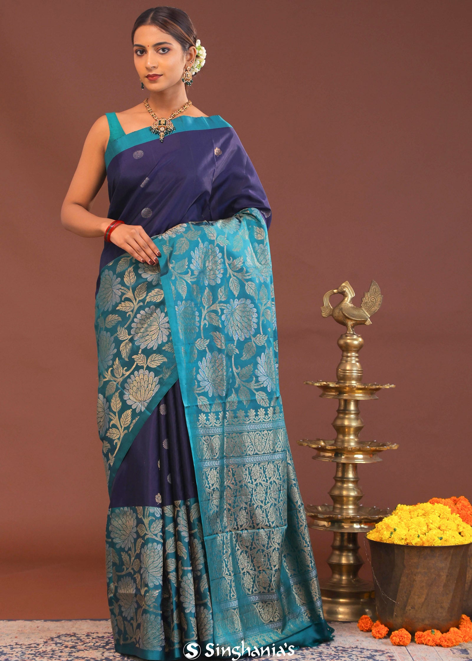 Indigo Blue Kanjivaram Saree With Designer Border