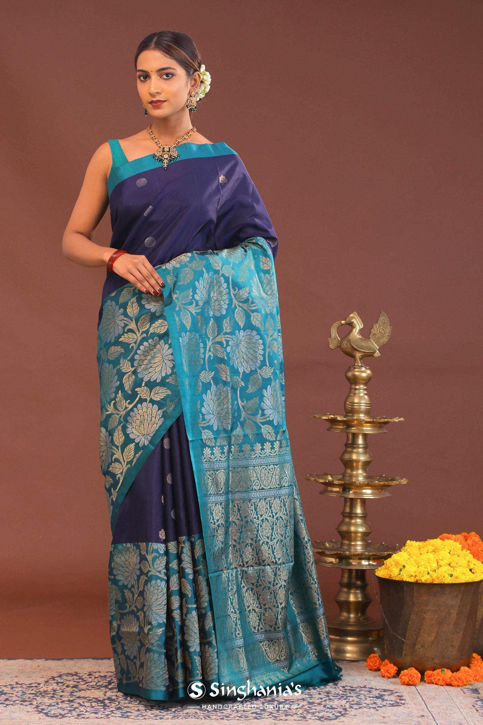 Indigo Blue Kanjivaram Saree With Designer Border