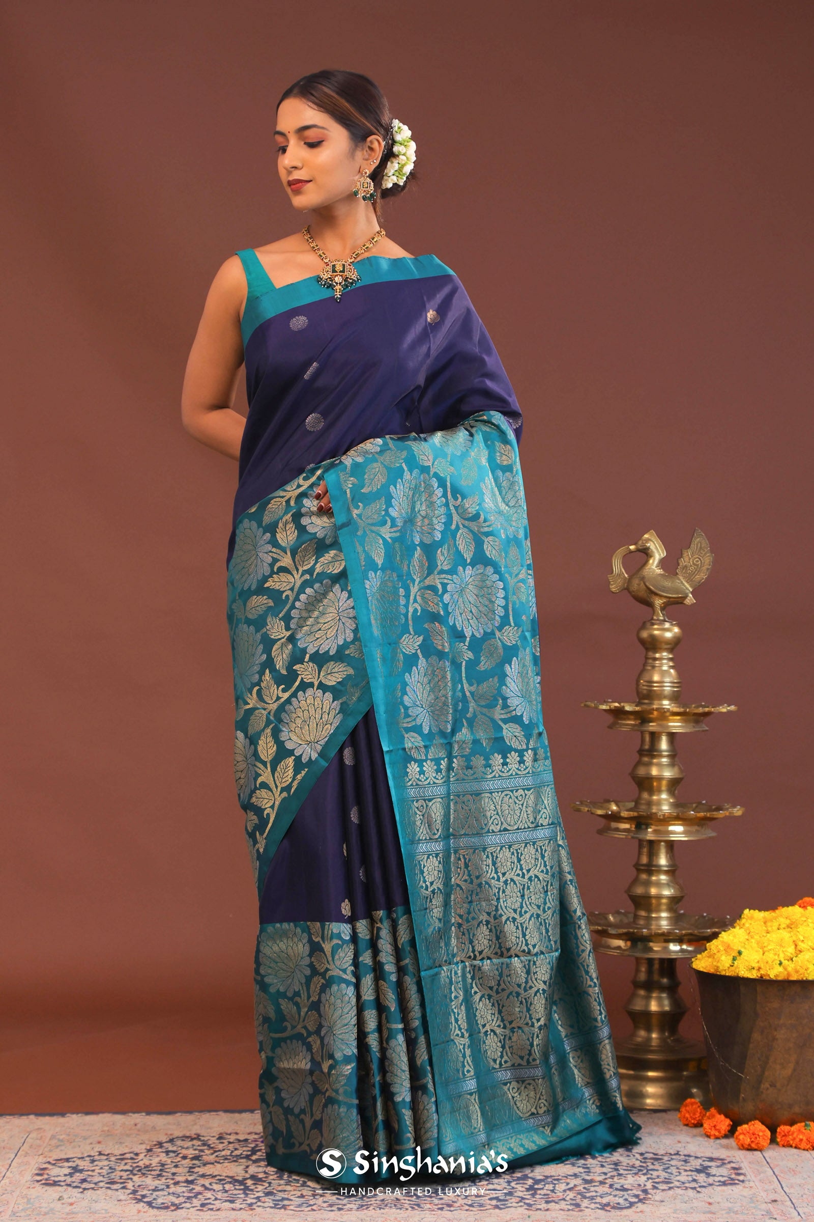 Indigo Blue Kanjivaram Saree With Designer Border