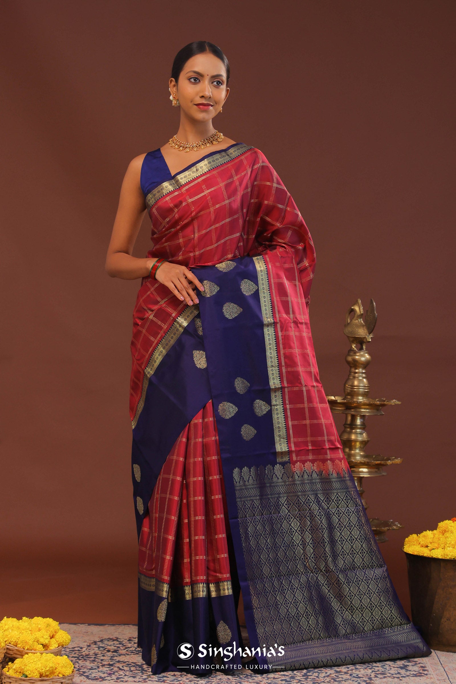 Red Kanjivaram Saree With Dark Indigo Contrast Border