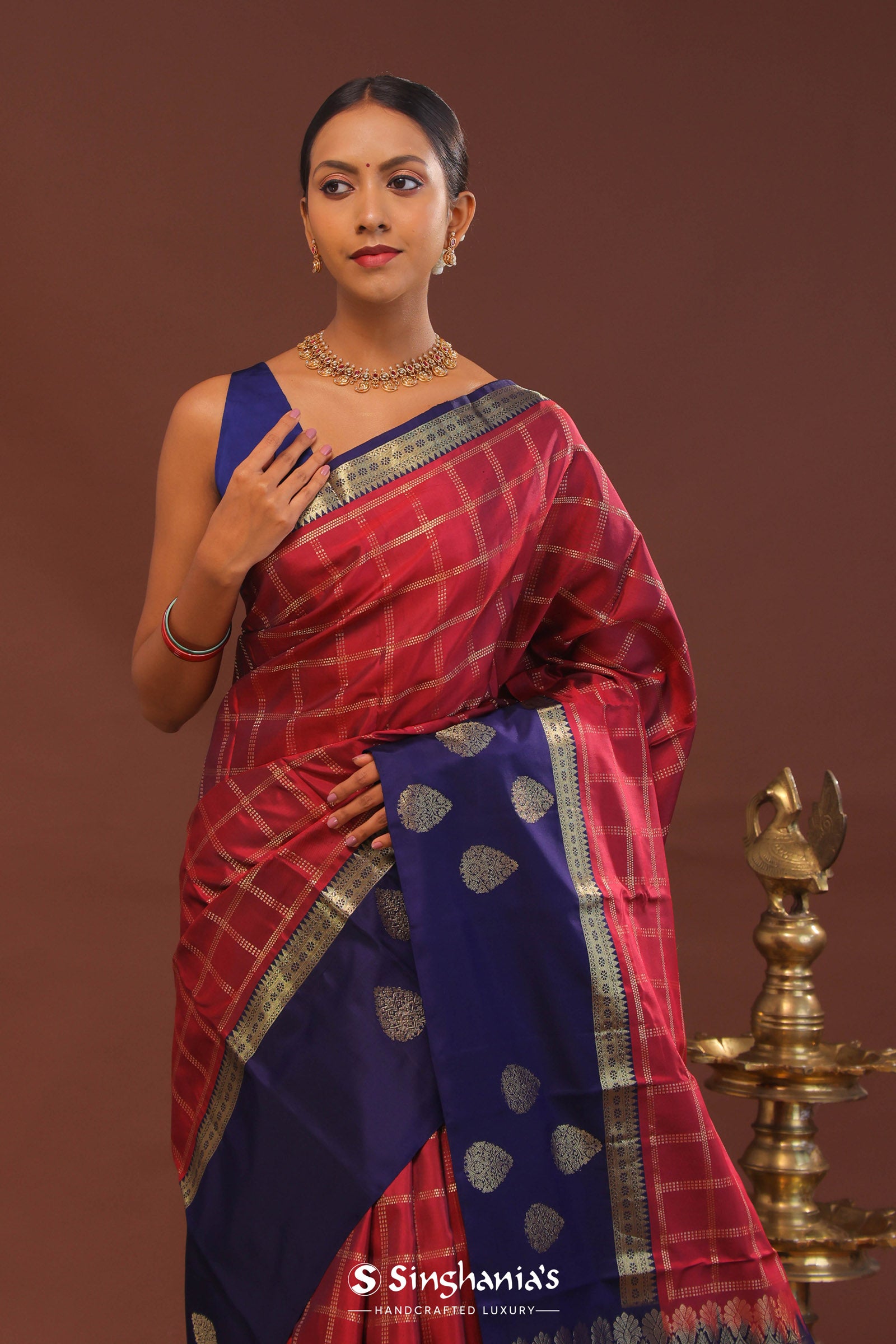 Red Kanjivaram Saree With Dark Indigo Contrast Border