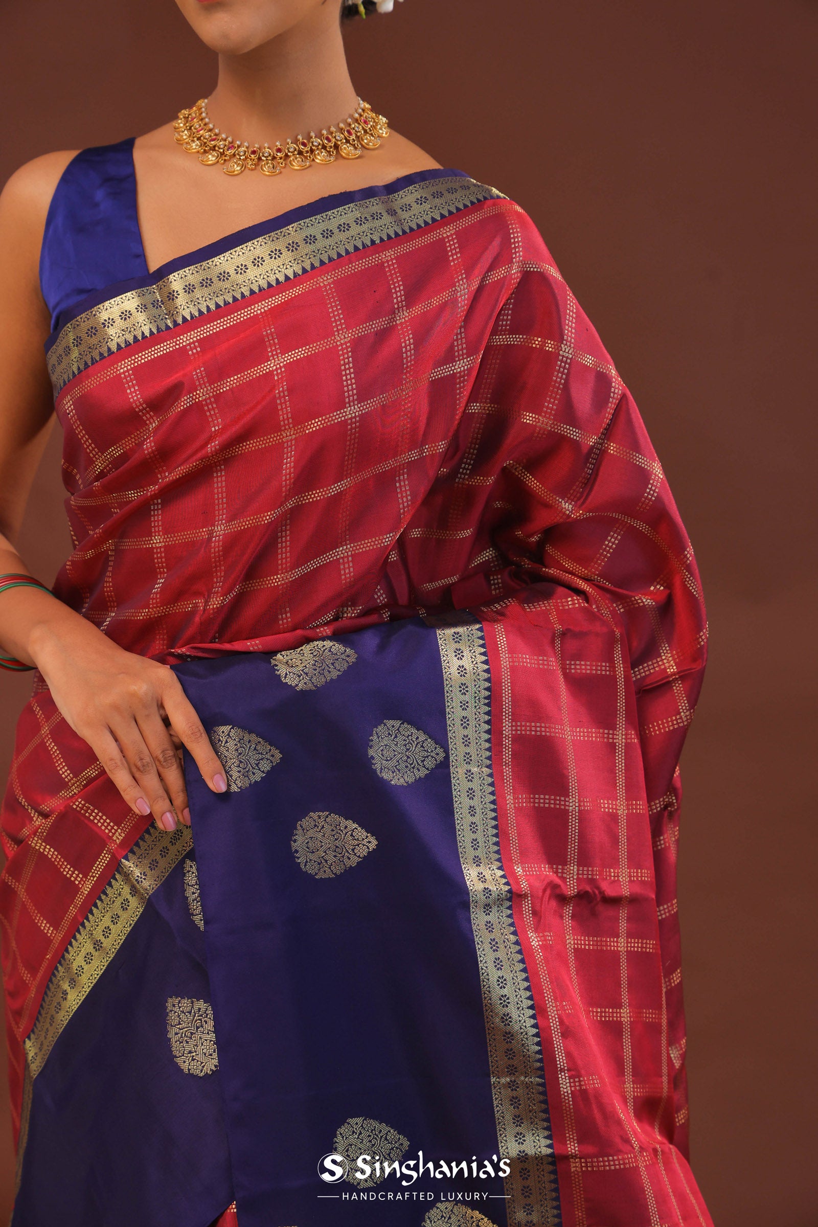 Red Kanjivaram Saree With Dark Indigo Contrast Border