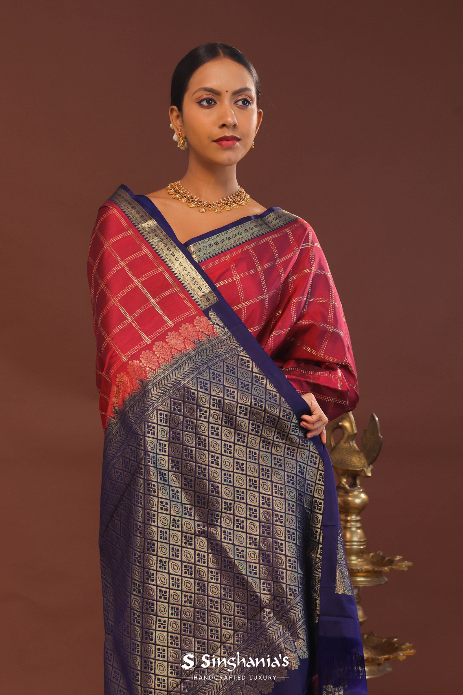 Red Kanjivaram Saree With Dark Indigo Contrast Border