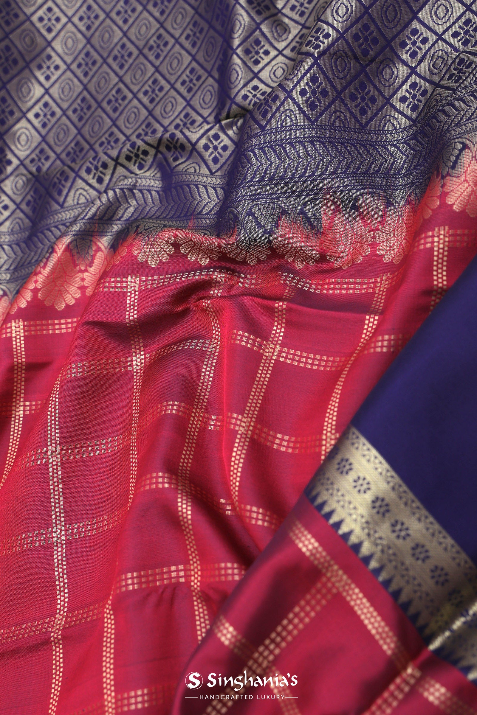 Red Kanjivaram Saree With Dark Indigo Contrast Border