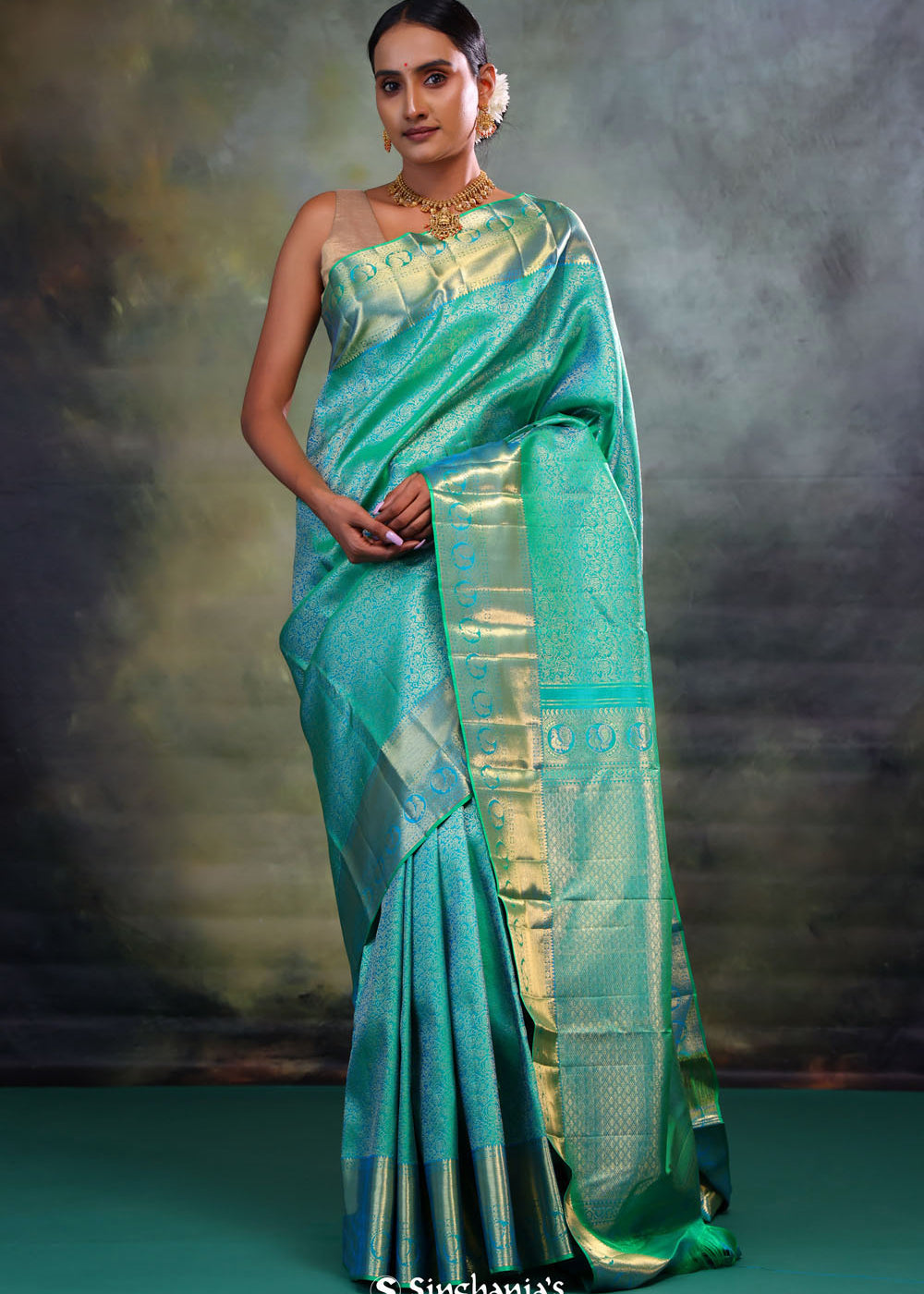 Dolphins Aqua Jalli Kanjivaram Silk Saree