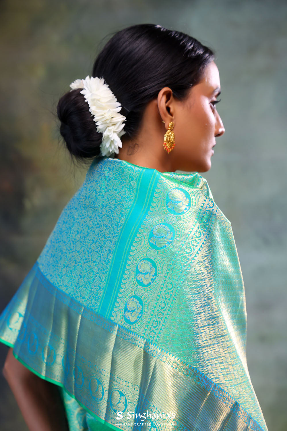 Dolphins Aqua Jalli Kanjivaram Silk Saree