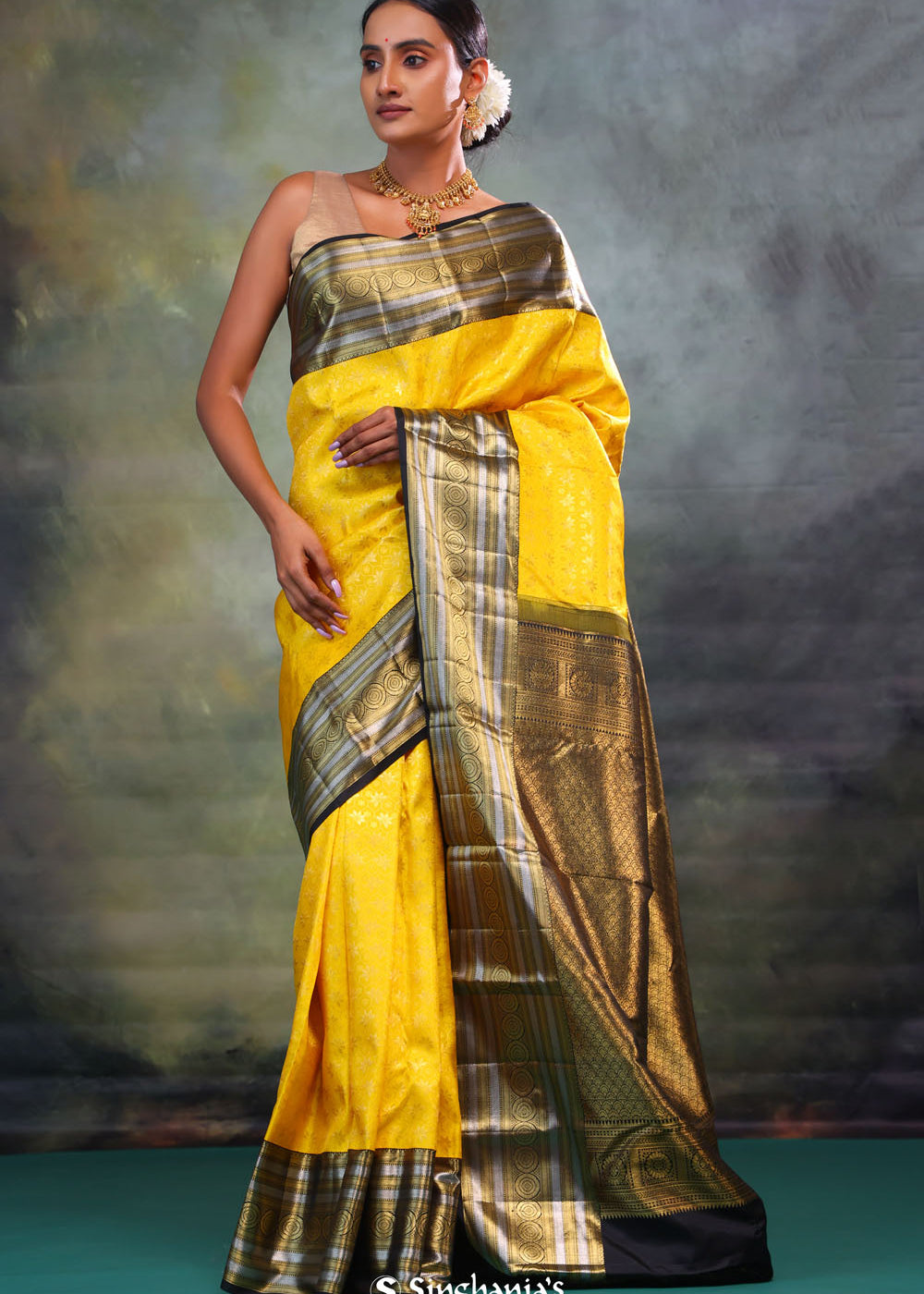 Gold Yellow Butti Kanjivaram Silk Saree