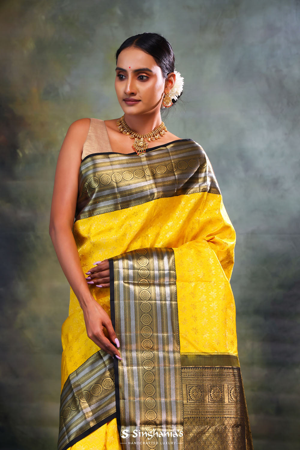 Gold Yellow Butti Kanjivaram Silk Saree
