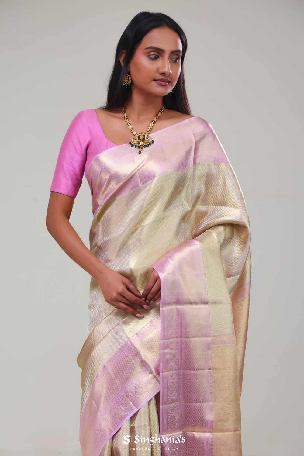 Pale Gold Butti Kanjivaram Silk Saree