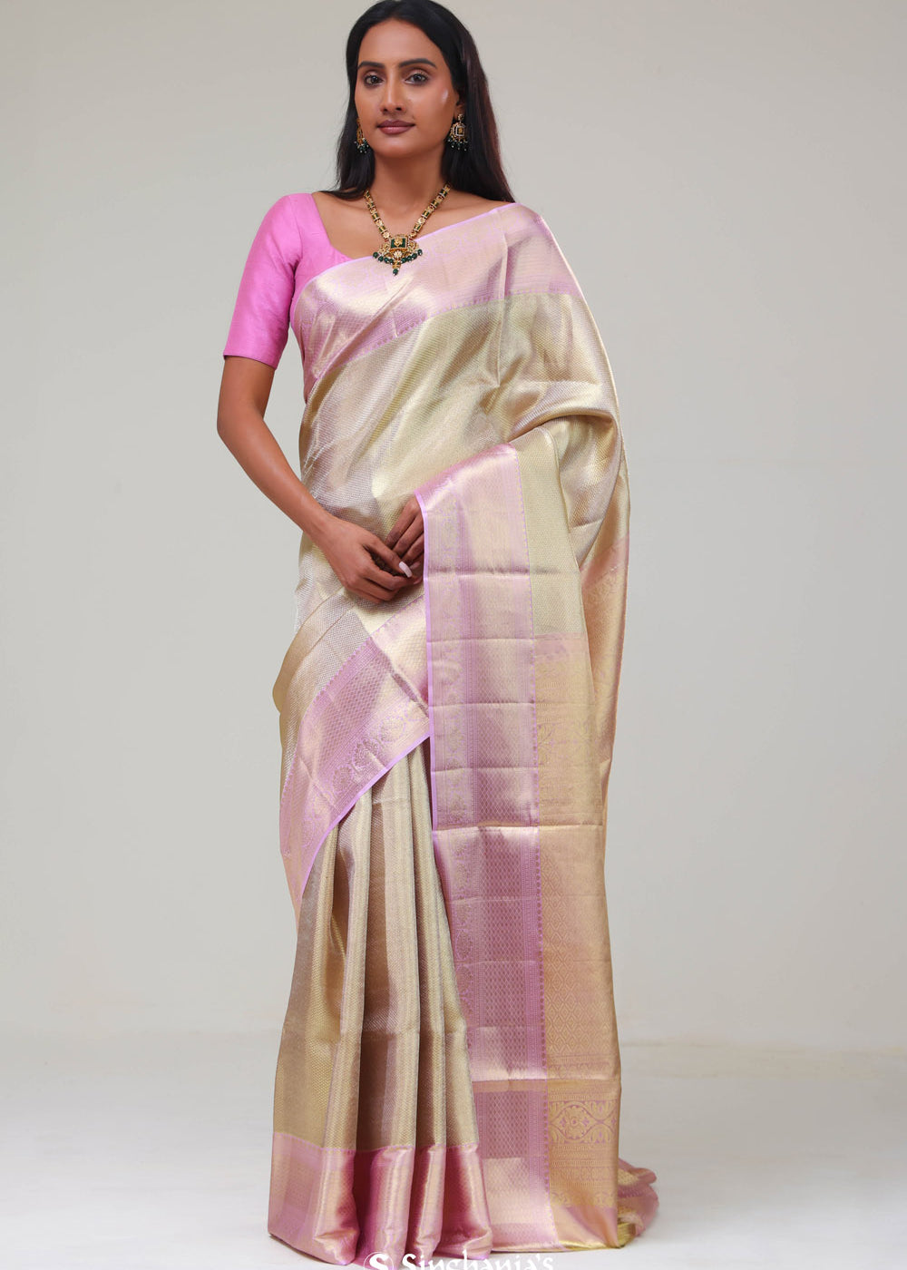 Pale Gold Butti Kanjivaram Silk Saree