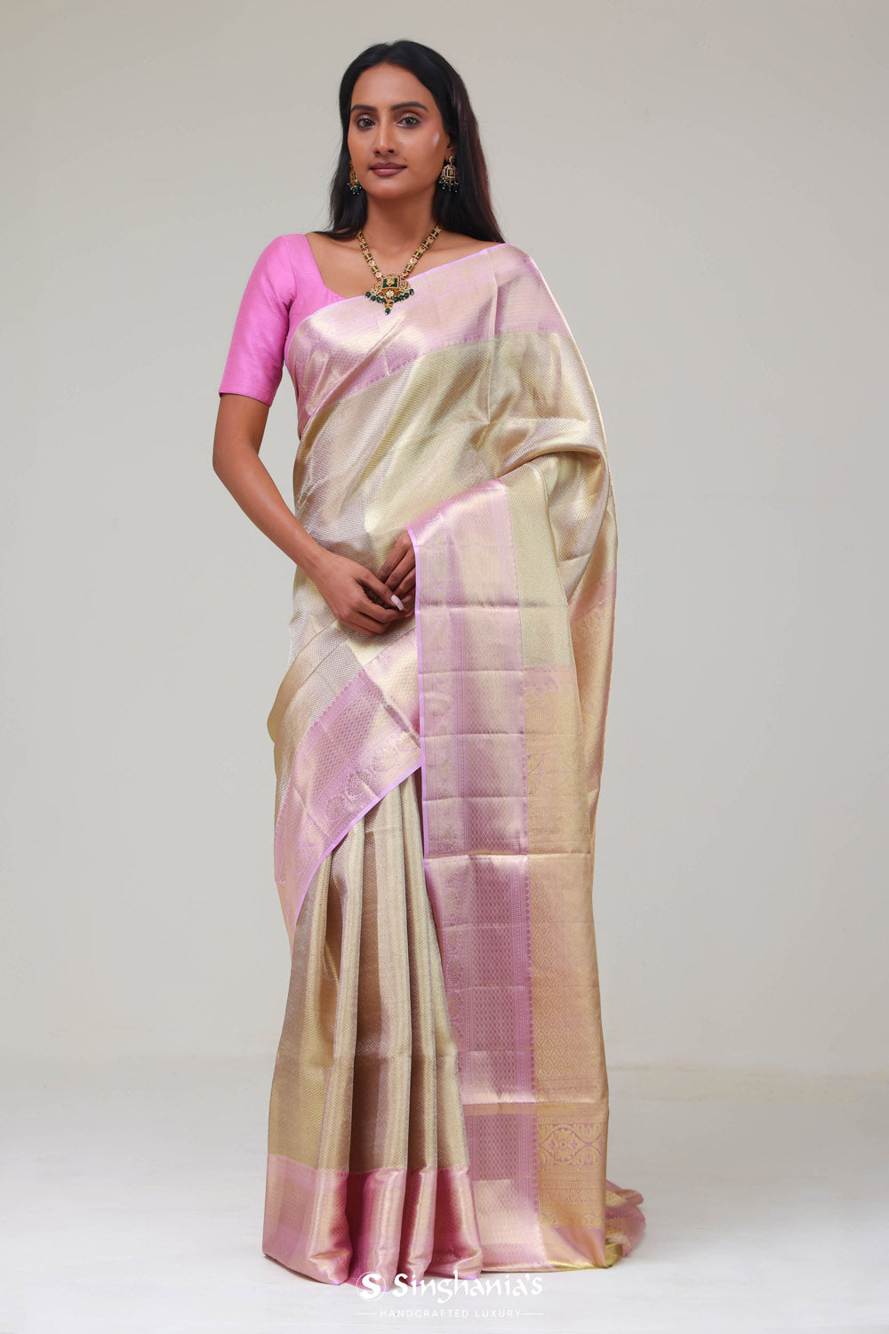 Pale Gold Butti Kanjivaram Silk Saree
