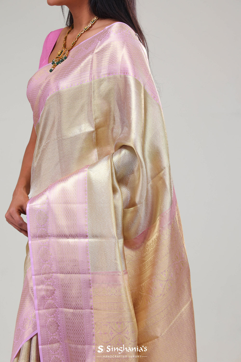 Pale Gold Butti Kanjivaram Silk Saree