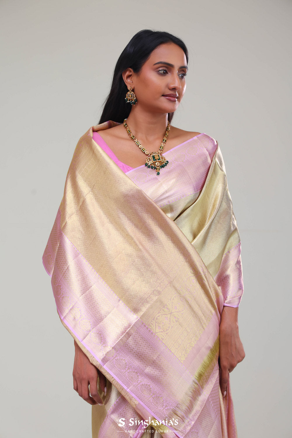 Pale Gold Butti Kanjivaram Silk Saree